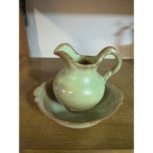 Frankoma 40A Pitcher and‎ Bowl Set Sage Green Ceramic Southwestern